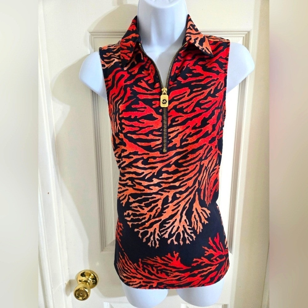 Micharl KORS Zippered Sleeveless Top with Red and Orange Pattern